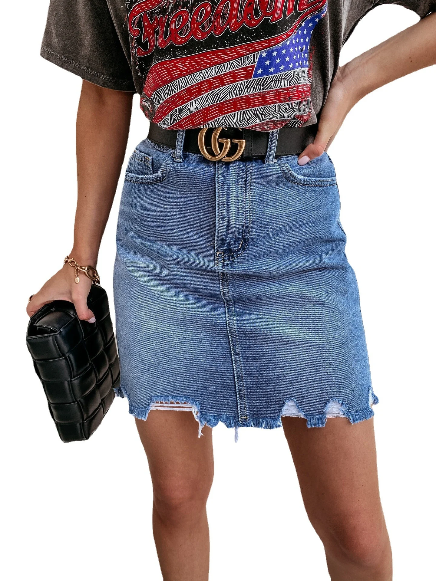 Fashion Denim Raw Edges Jeans Skirt  Custom Casual Mid waisted Maxi Skirt Private Slight Stretch Denim Skirt For Women