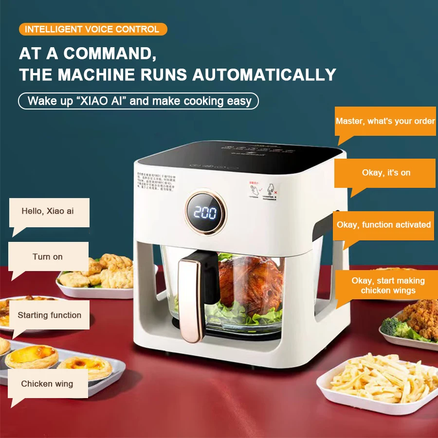 New Design 360 Degree Visible Transparent Glass Basket Pot Air Fryer Voice Touch Control Air Friteuse with Glass Bowl