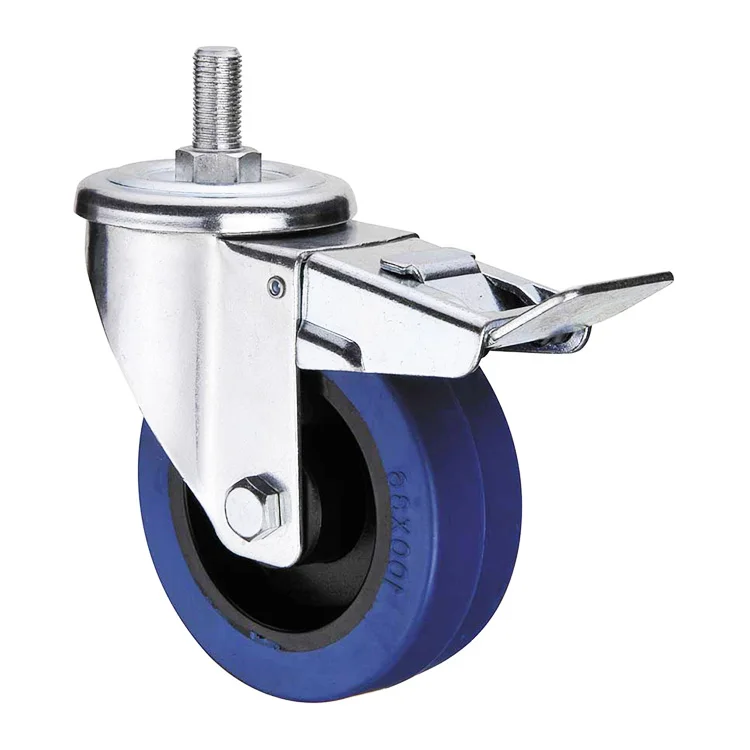 Ylcaster European type industrial blue Soft Elastic rubber 4 inch swivel rigid thread stem 3 inch caster wheels