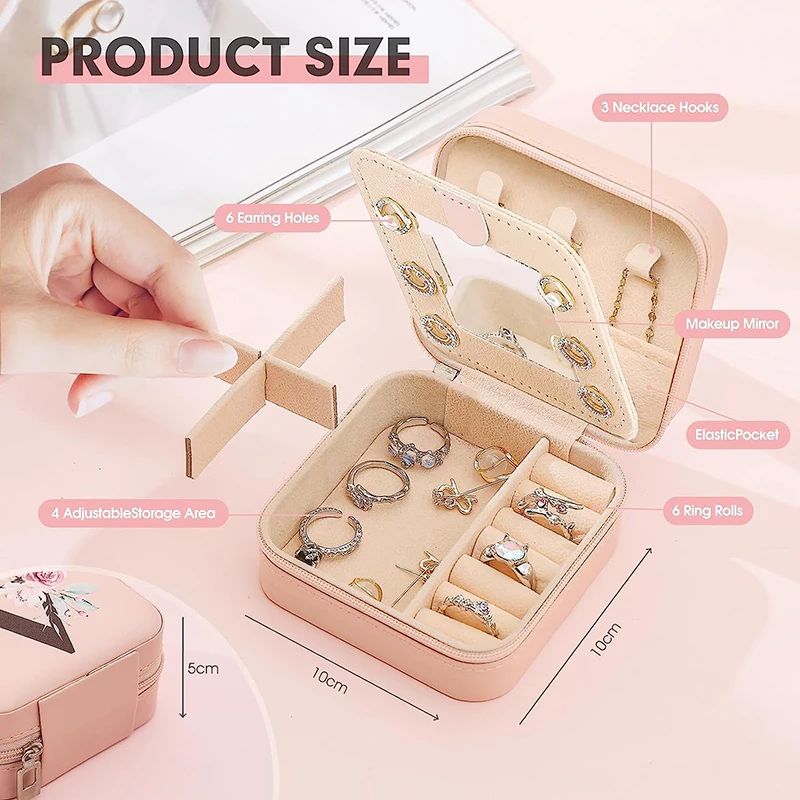 26 Initial Letter Flower Jewelry Organizer Box with Mirror for Women Birthday Gifts Small Travel Jewellery Storage Case