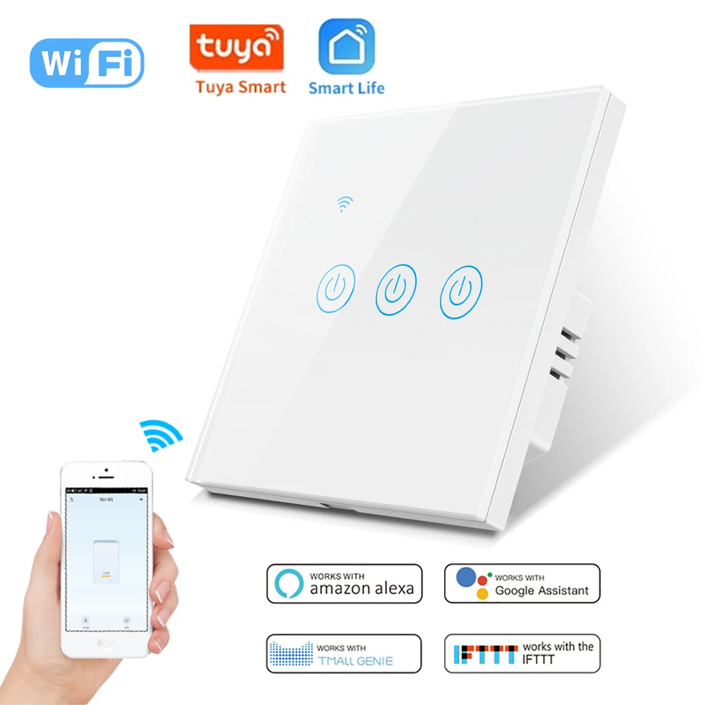 Lifelibero Voice Control WiFi 600w Touch Panel Tempered Glass Smart Home Light Switch 3Gang For  Bedroom