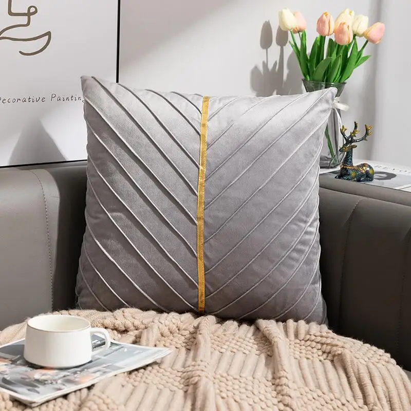 50x50cm Luxury Velvet Cushion Covers Patchwork Gold Leather Throw Pillow Cover Square Pleated  Pillow Cases For Home Decor