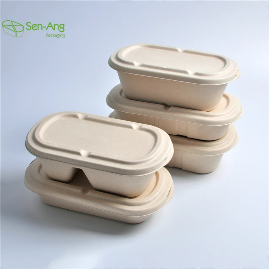SenAng05 Cheap Single Compartment Compostable Clamshell Container Oval Microwave Safe Bagass Pulp Lunch Box
