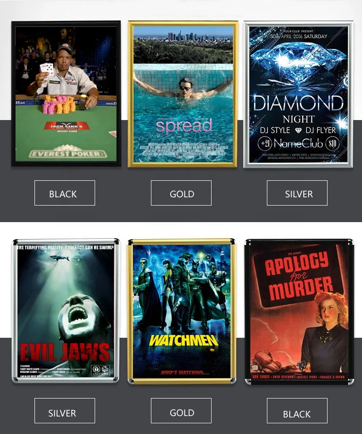 Оптовая продажа, черная, золотая, серебряная алюминиевая металлическая рамка для рекламы