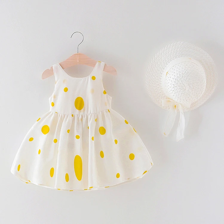 
Summer cute dot big bow sleeveless A-Line cotton infant toddlers clothing girls dresses with hat 