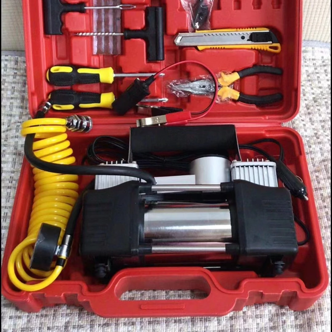 Multifunction car vehicle air compressor tire inflator pump tool box kit with LED light