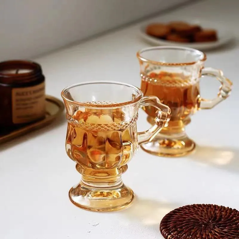Aeofa vintage amber goblet glass cup retro tea cup champagne goblets dessert coffee cup with handle