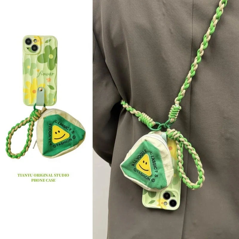 Green Flowers TPU Phone Case Crossbody Shoulder Neck Nylon Anti-Lost Strap Case Earphone Bag with Woven Hand Strap
