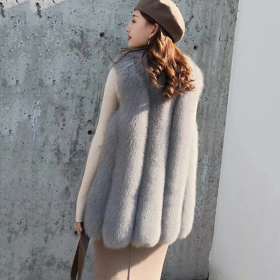 Cool Fashion Winter Fox Fur Gilet Warm Women Real Fox Fur Vest Ladies Grey Fur Vest