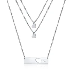 Stainless steel long heart-shaped three-layer necklace silver simple Japanese and Korean lady necklace