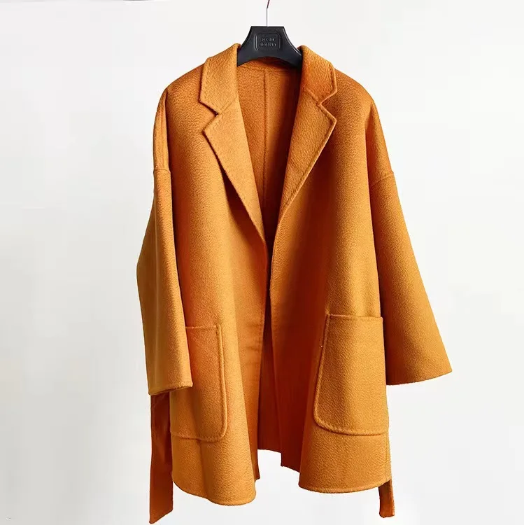 Fashion Turn Down Collar Cashmere Coat Custom Women Belted Long Style Korea Wool Coat