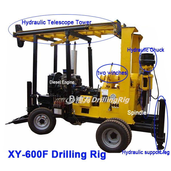 600m XY-600F hydraulic Trailer mounted mud rotary soil investigation mining drill diamond water bore well drilling rig price