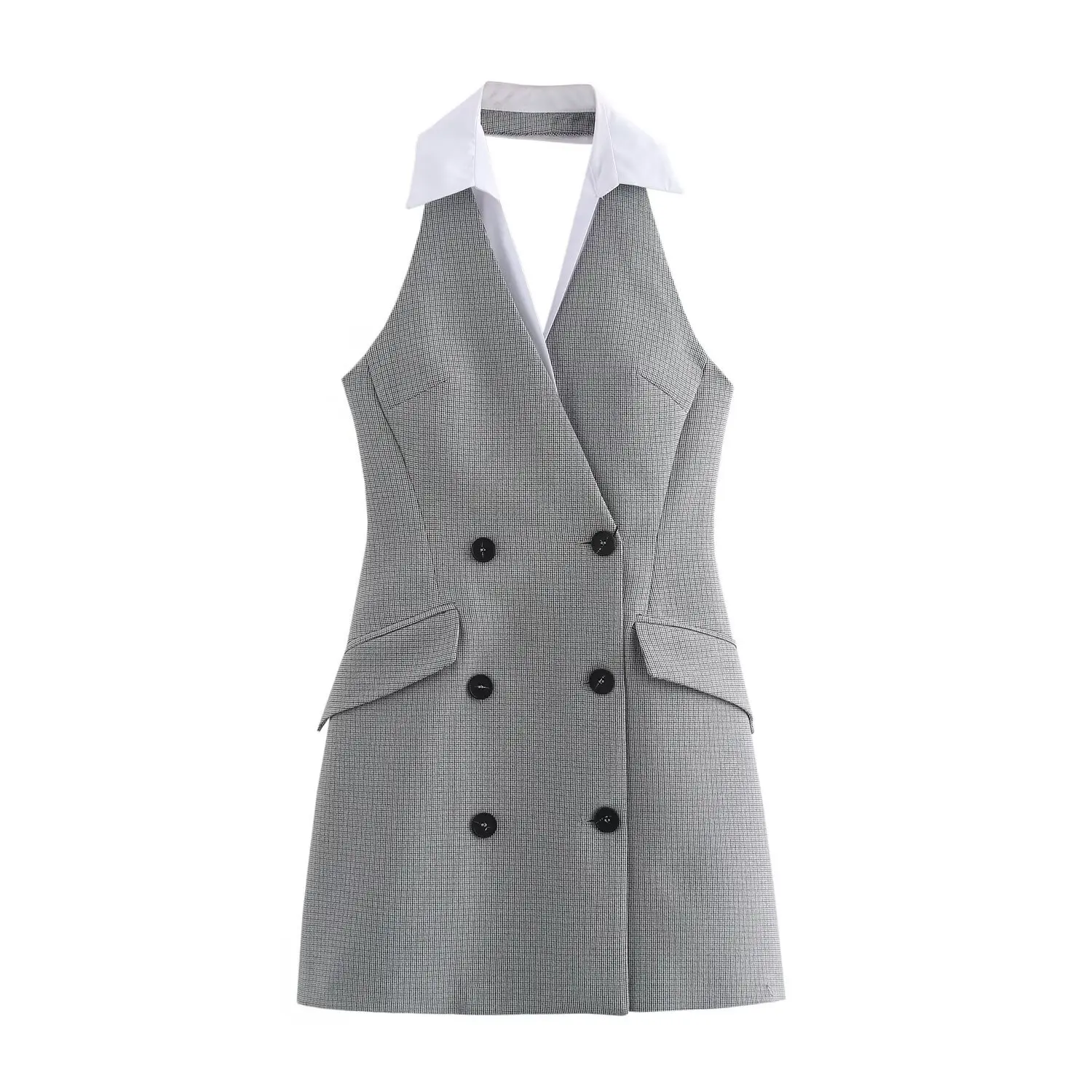 PB&ZA Women 2024 New Chic Fashion Spliced hanging collar Dress Vintage Sleeveless Female Dresses Vestidos robe Mujer