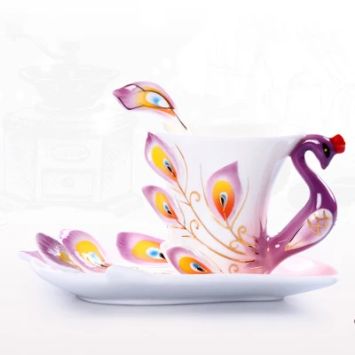 Unique Peacock Shape Elegant Porcelain Enamel Cup Wholesale Ceramic Tea Coffee Cups And Saucers