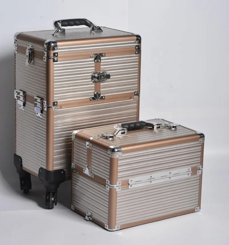 
4 in 1 Golden color Professional Aluminum Trolley Cosmetic Case 