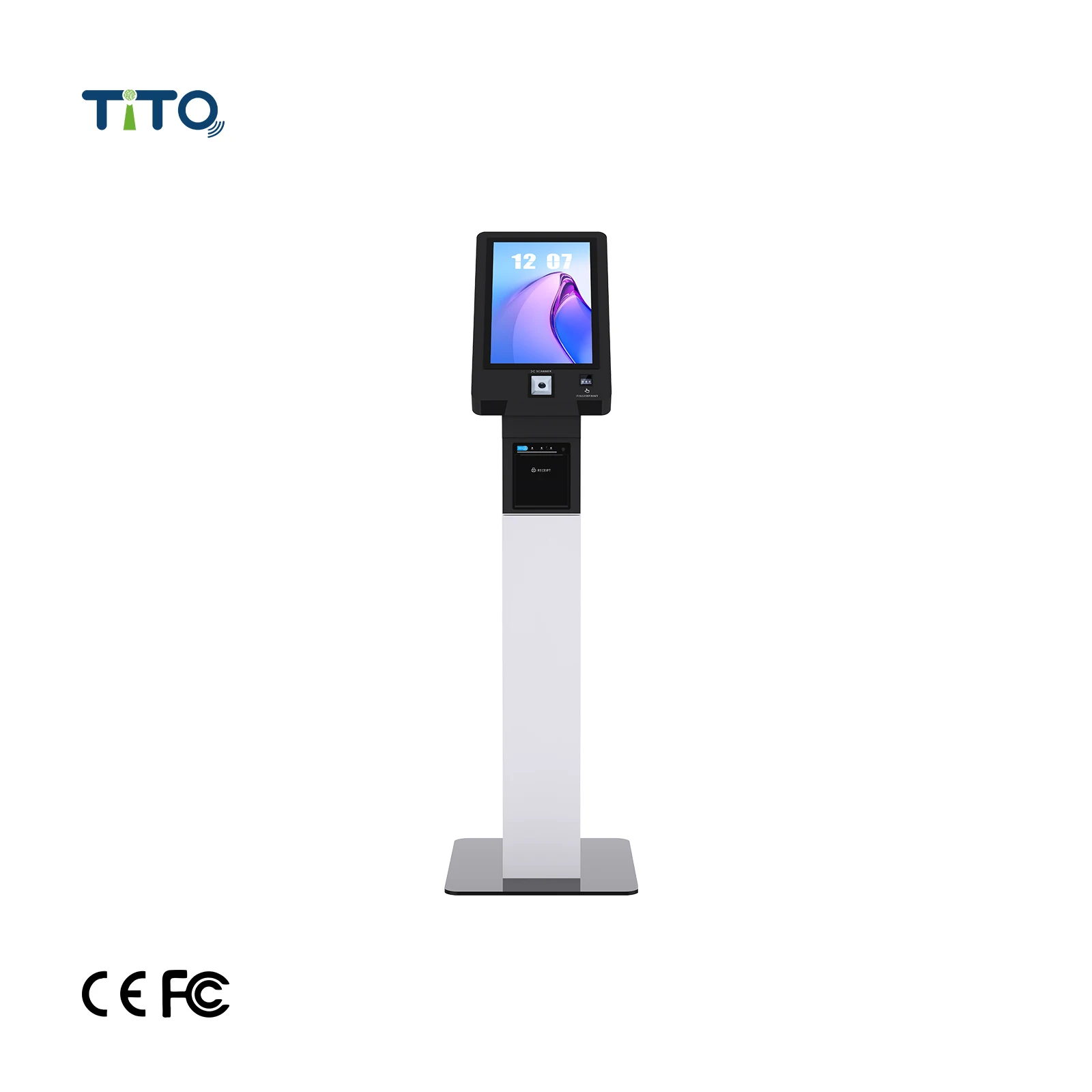 Self Service Machine Queue Management Kiosk with QR Code Scanner and Ticket Printing for Payment & Ticketing Operations