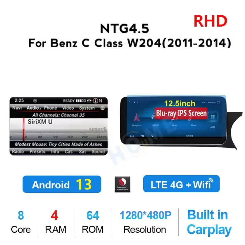 Android 13  LCD display car audio player For Mercedes Benz C/V Class W204 W205 GLC X253 RHD Bluetooth  Carplay GPS navigation