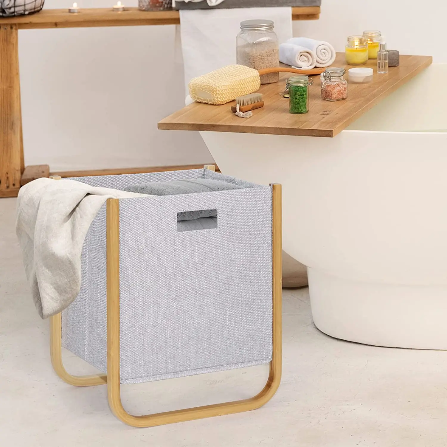 High Quantity Bamboo Hamper for Laundry Foldable Collapsible Laundry Basket with Bamboo Frame For Bathroom