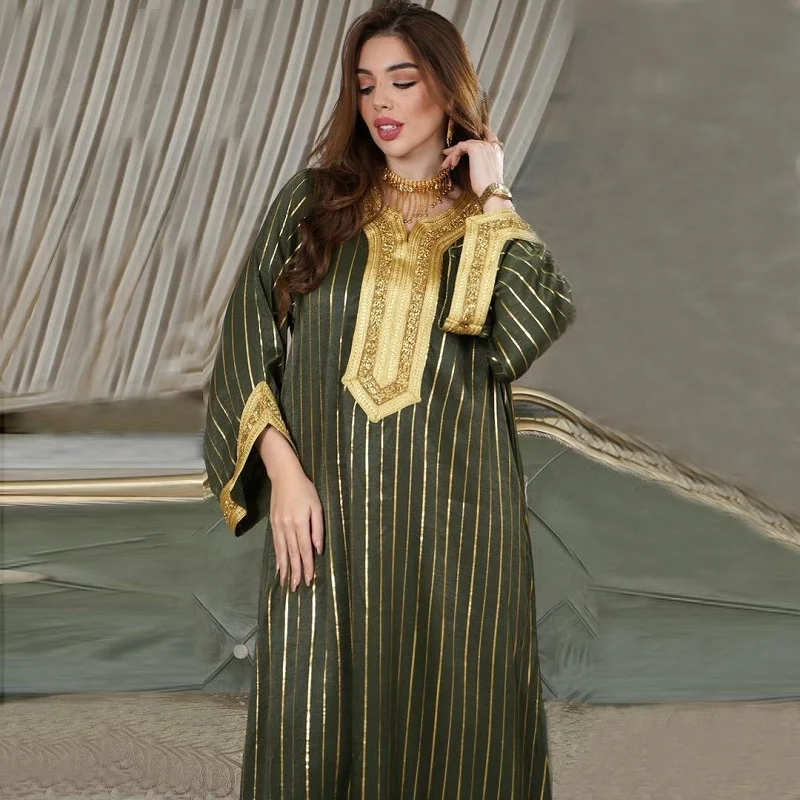 Good style golden loose wear maxi abaya dubai long women muslim dress and hijab