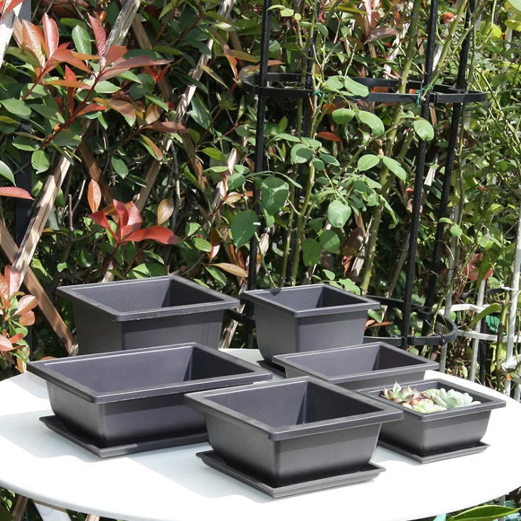 Yicai Whole Modern Home Decor Flower Pots Brown Square Durable Plastic Bonsai Pot With Tray