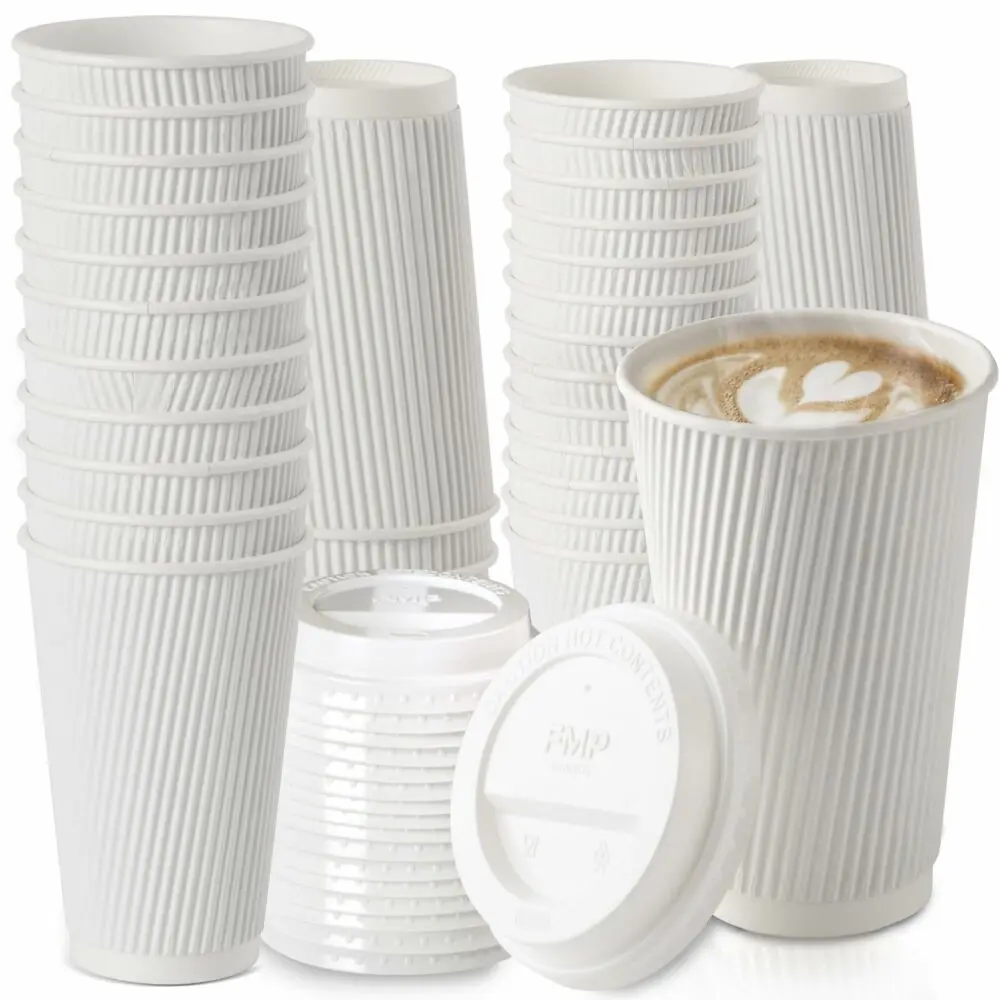 12oz Disposable Bio-degradable white ripple Wall Paper Coffee Cups with Lids
