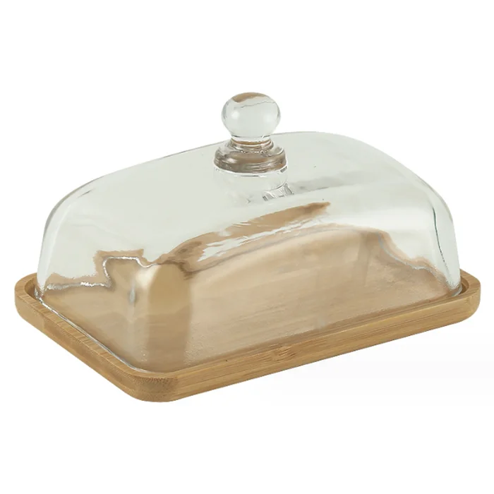Factory outlet Glass cover with wooden tray for butter cake breakfast Wholesale