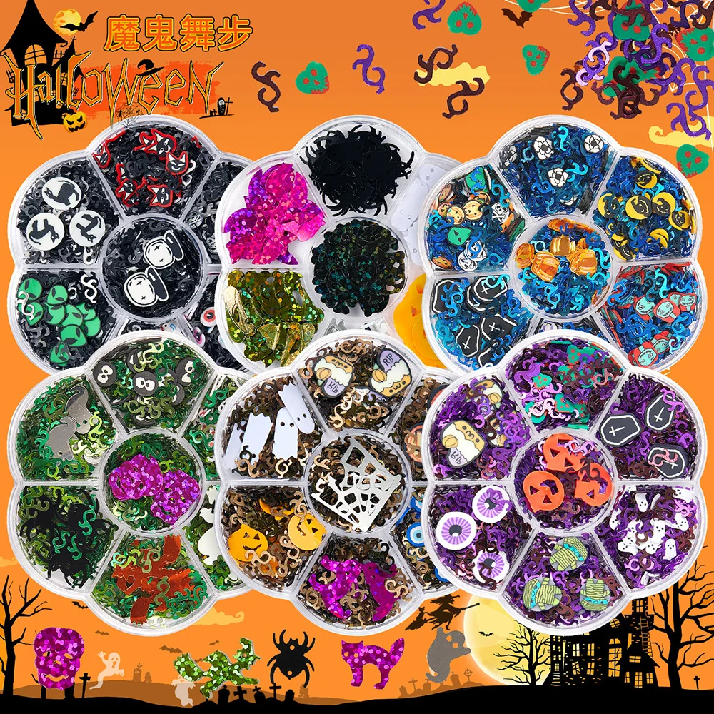 Halloween Party Decor Holographic Acrylic Bat Ghost Witch Pumpkin Skull Spider Halloween Nail Art Glitter Sequins