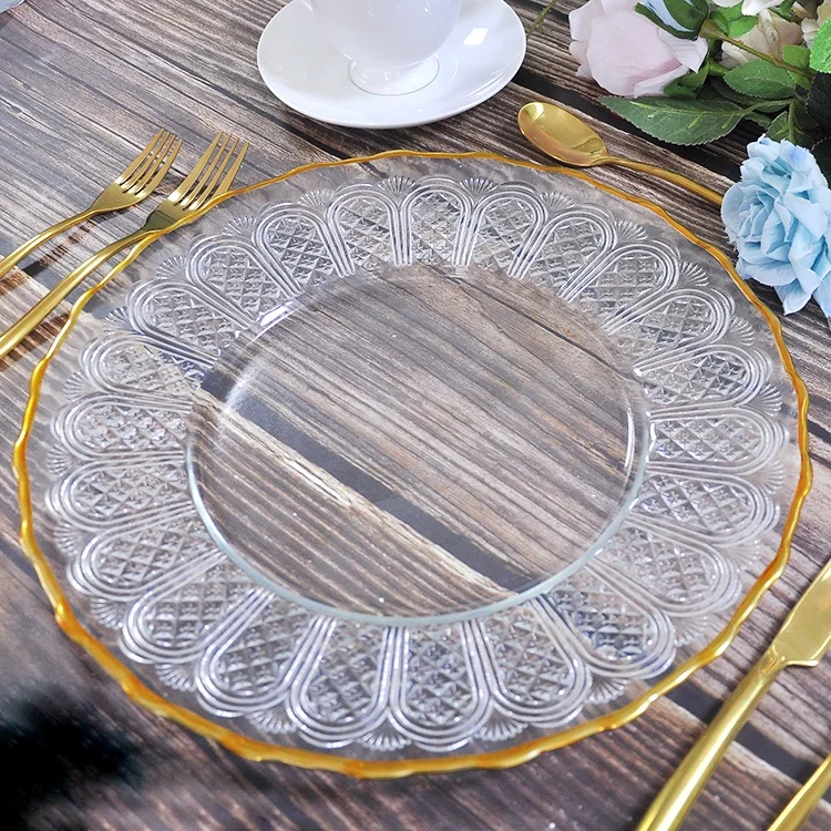 Custom 13 inch glass pressed chargers plate for wedding Gold rim pattern charger plate