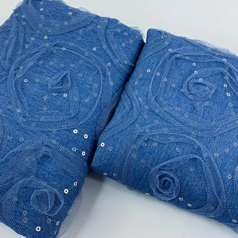 Henry Factory Wholesale High Quality Woven Rose Lace Denim Embroidery Fabric For Fashion Dress Coats