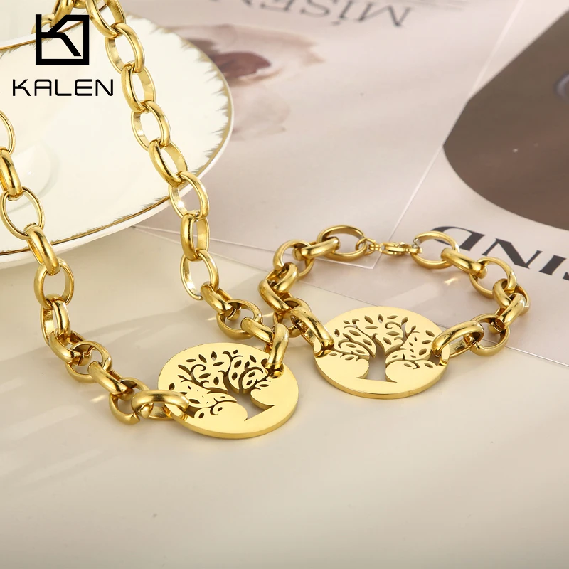 Kalen Hiphop 316L Stainless Steel Tree Of Life Bracelets Necklaces Set Christmas Gift