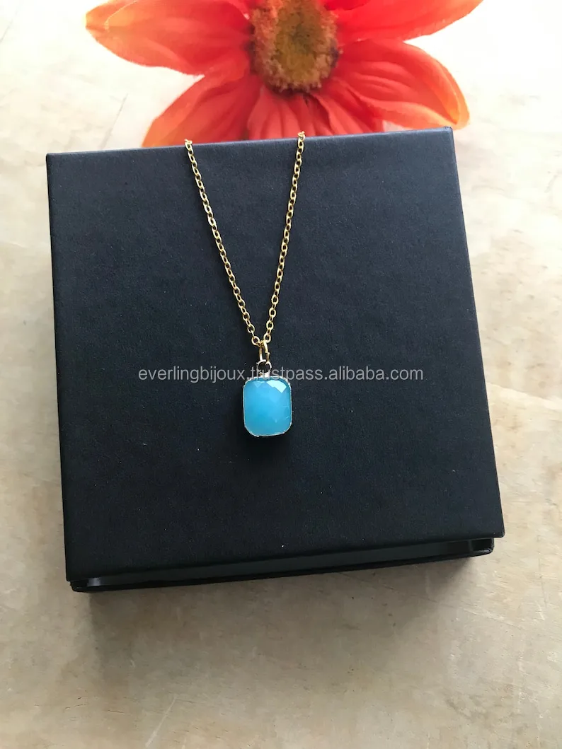 Antique Natural Swiss Blue Topaz Octagon Pendant Necklace December Birthstone Jewelry Gold Silver Plating Brass Jewelry Charms