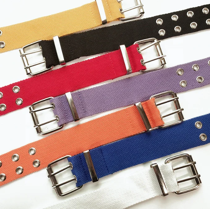 1.5 inches Colorful Customized Fashion Eyelets Fabric Pattern Cotton Classic Jeans Web Strap Belt with Pin Buckle