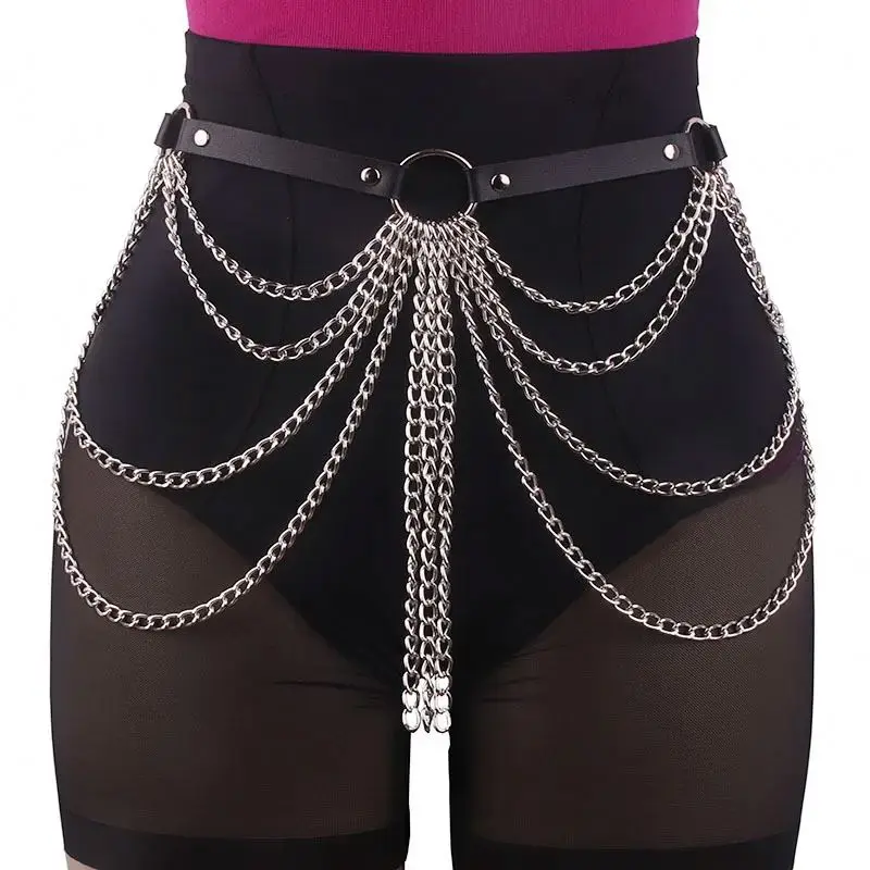 Party Rave Waist Jewelry Body Accessories Black Body Chains Punk Leather Waist Chain Belt for Women and Girls