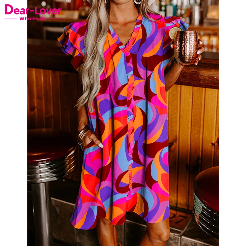 Dear-Lover Wholesale Private Label Fashion New Abstract Print Ruffled Sleeve Shift Casual Dresses For Women