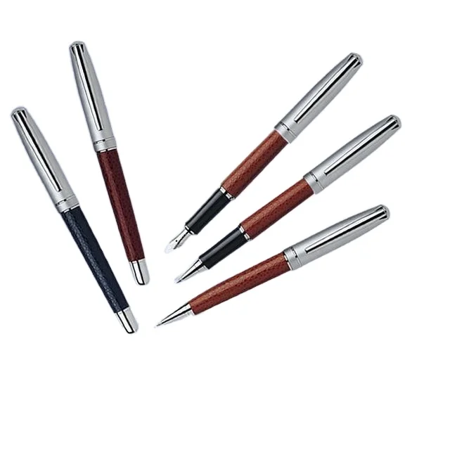 silver metal upper barrel leather lower barrel gift leather pen