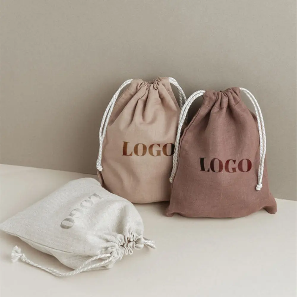 New Eco Muslin Cotton Linen Gift Jewellery Packaging Dust Pouch With Custom Private White Printed Logo Cotton Drawstring Bag