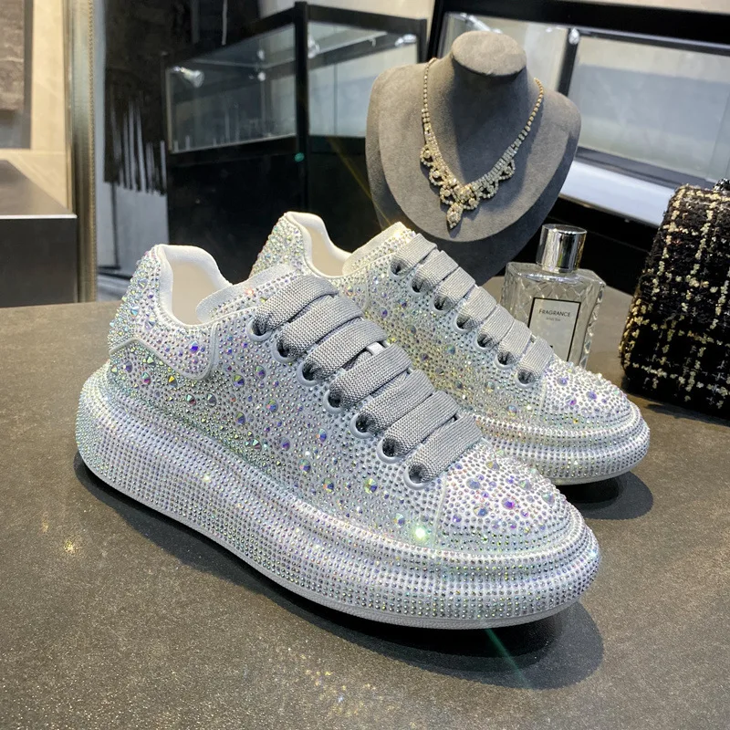 Full Diamond Little White Shoes 2023 New Solid Color Flat Casual Shoes Thick Sole Elevated Color Water Diamond Casual Shoes