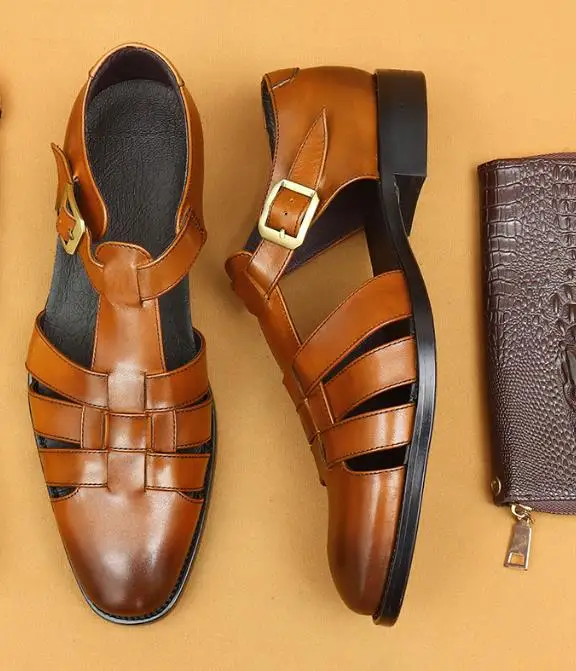 2024 new top layer cowhide summer business flat leather sandals belt men hollow casual beach roman sandals