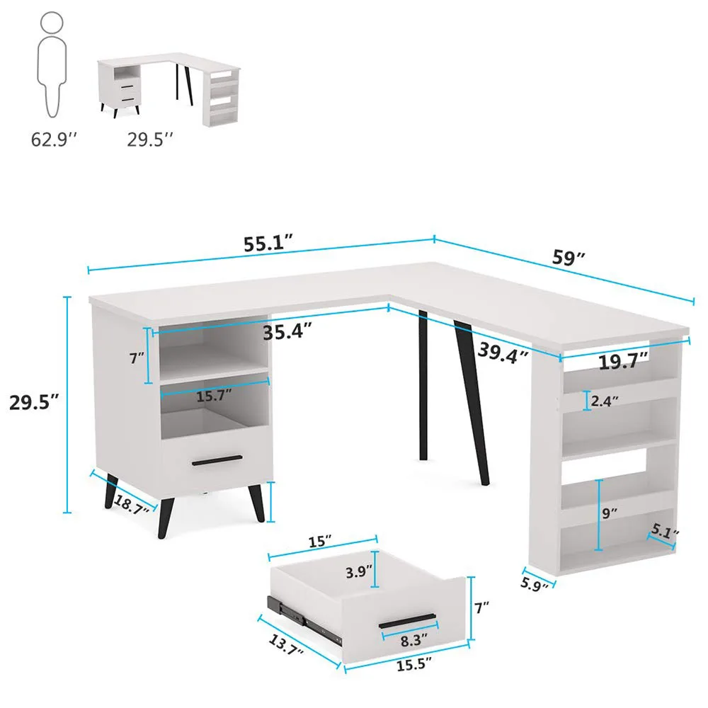 Elegant Modern Design L-Shaped Wood White Office Desks Computer Table with Drawer Open Storage