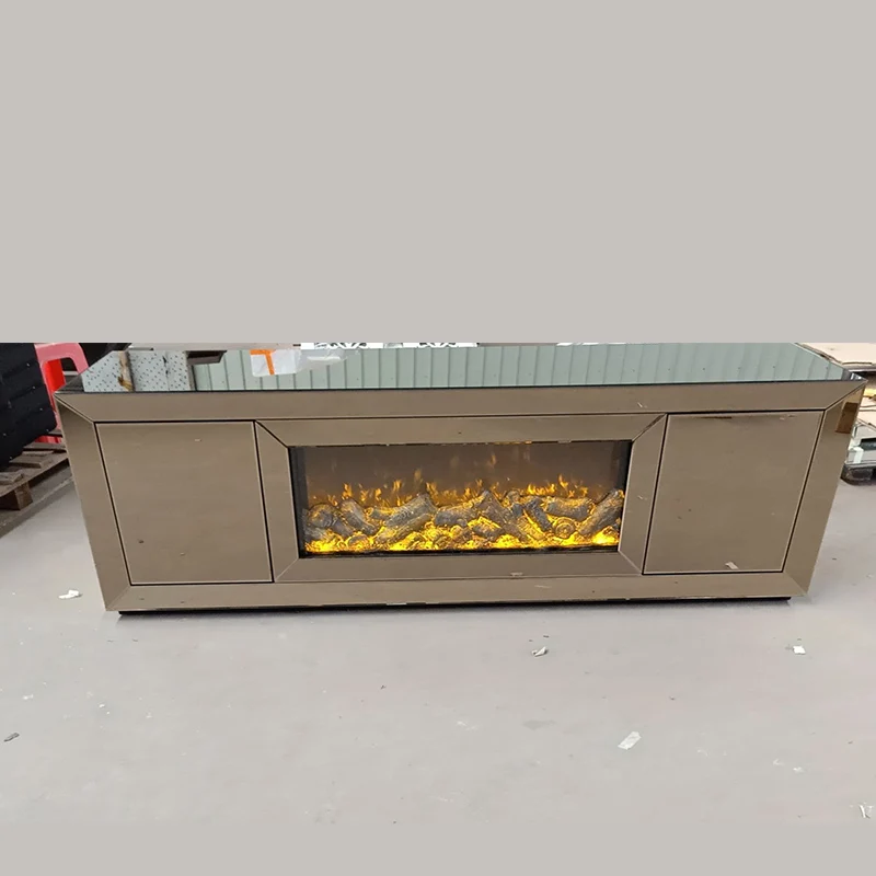 New modern glass bedroom furniture  mirrored silver TV stand unit furniture with fireplace