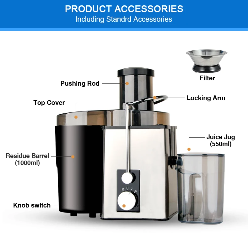 Stainless Steel Housing Electric Juicer Blender and High-quality Juice Extractor OEM Factory With 550ml Juice Cup