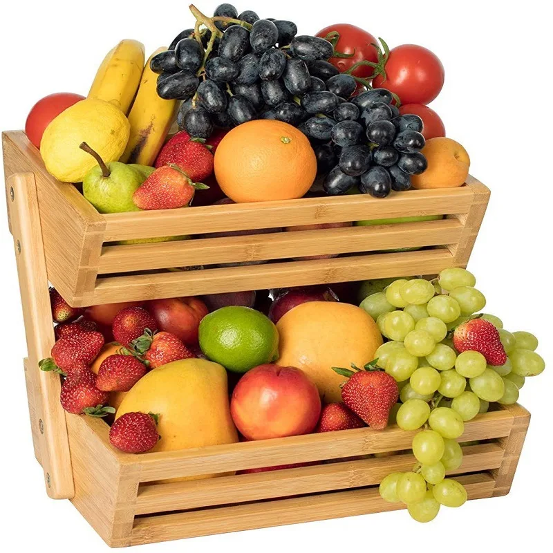 2 tier bamboo natural fruit storage basket/ wedding wooden fruit basket decoration