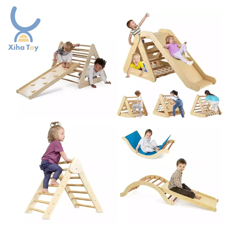 XIHA Montessori Foldable Wooden Climbing Piklers Triangle With Slide Rocking Arch Transformable Climbing Frame Indoor Playground