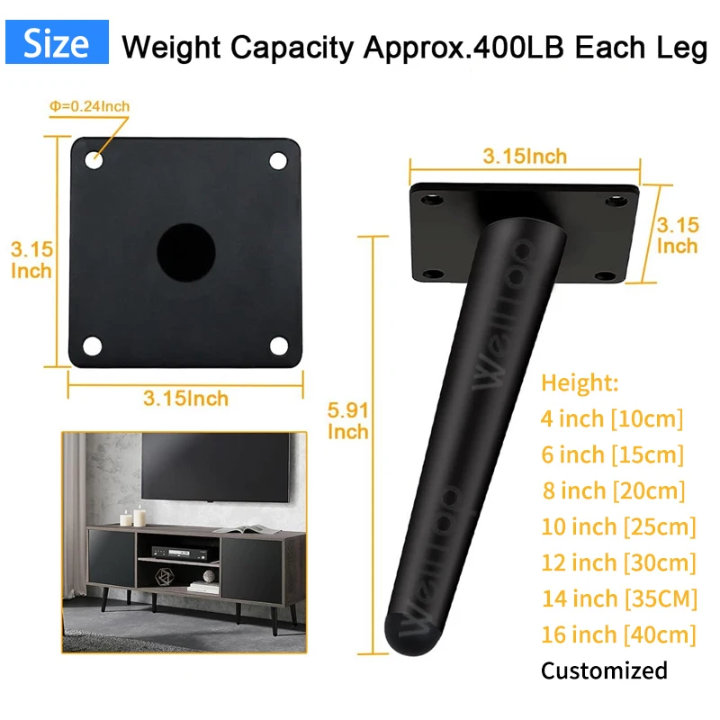 Hot Sale Hardware Accessories Tapered Table Legs 15 25 35cm Chair Legs Metal Oblique Cone Pipe Black Cabinet Legs for Furniture