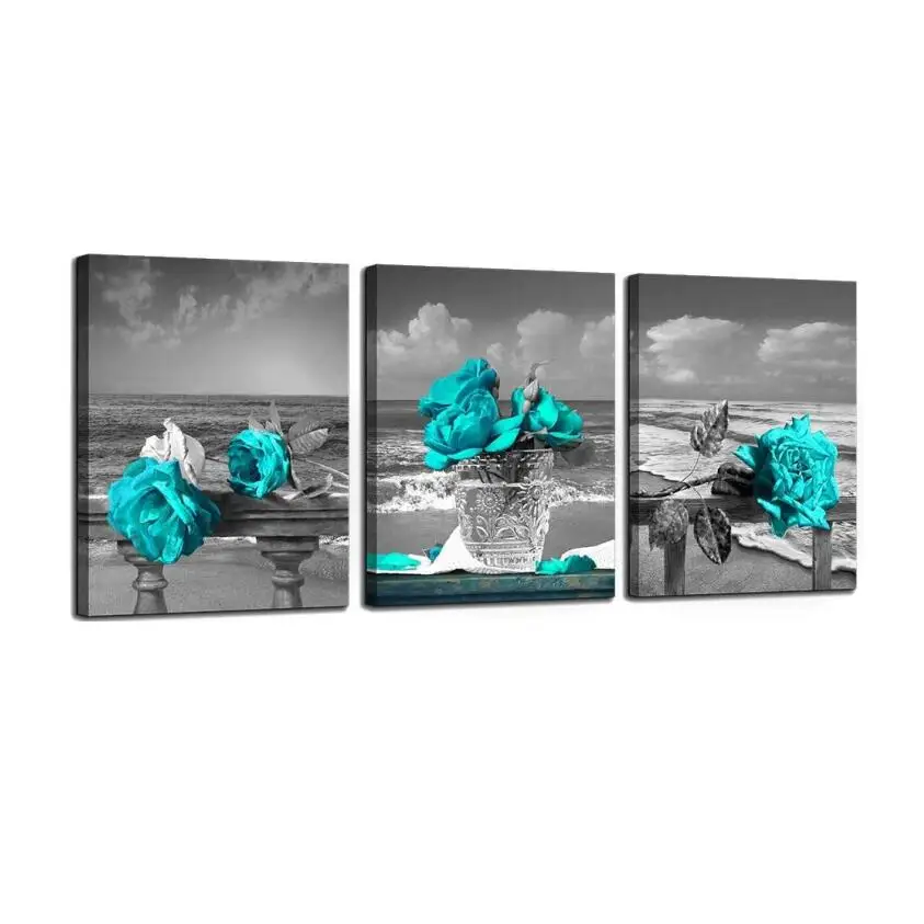Deco Canvas Picture Frame Flowers Living Room Art Contrast Color Blue 3 Pieces Modern Flower Printing Canvas Painting Wall Art
