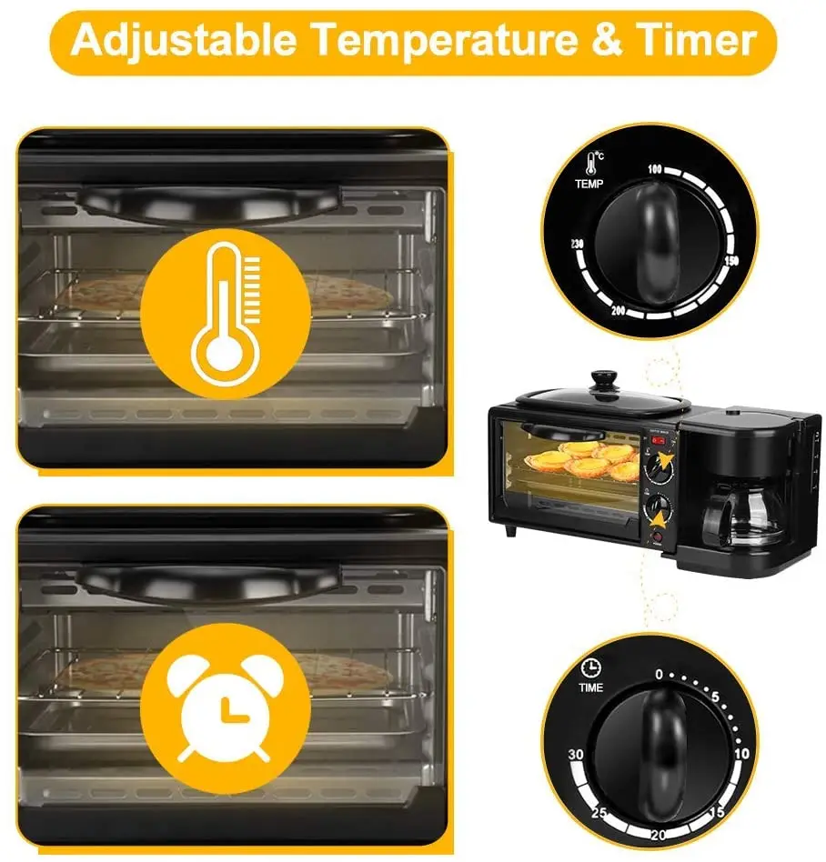 Multifunctional Family Size Sandwich Coffee Maker Electric Toaster Oven 3 In 1 Breakfast
