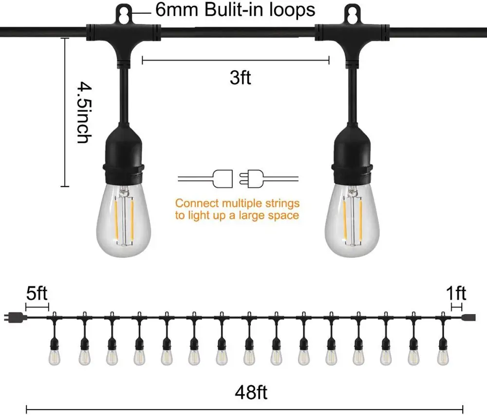 
UL E26 S14 48FT 15LT LED filament Commercial Patio Outdoor String Lights 
