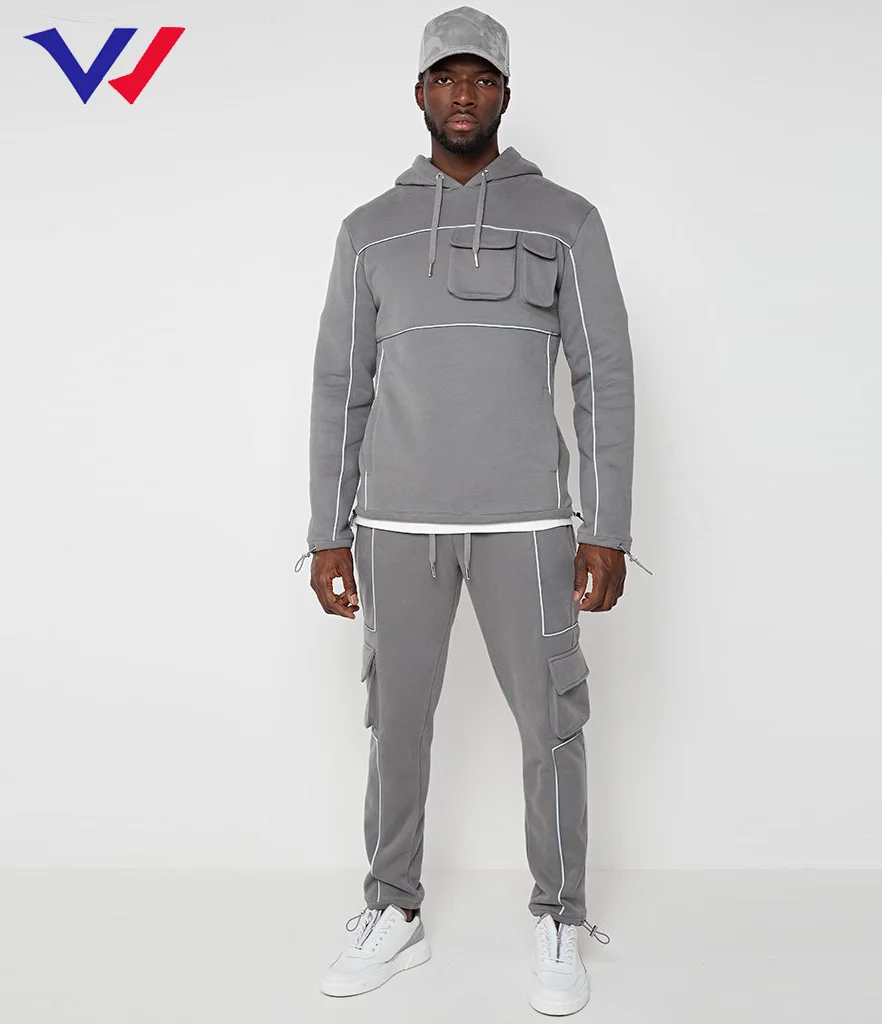 Workout front pockets mens sweatsuit sets reflective stripe two piece reflective tracksuits men jogging suits wholesale