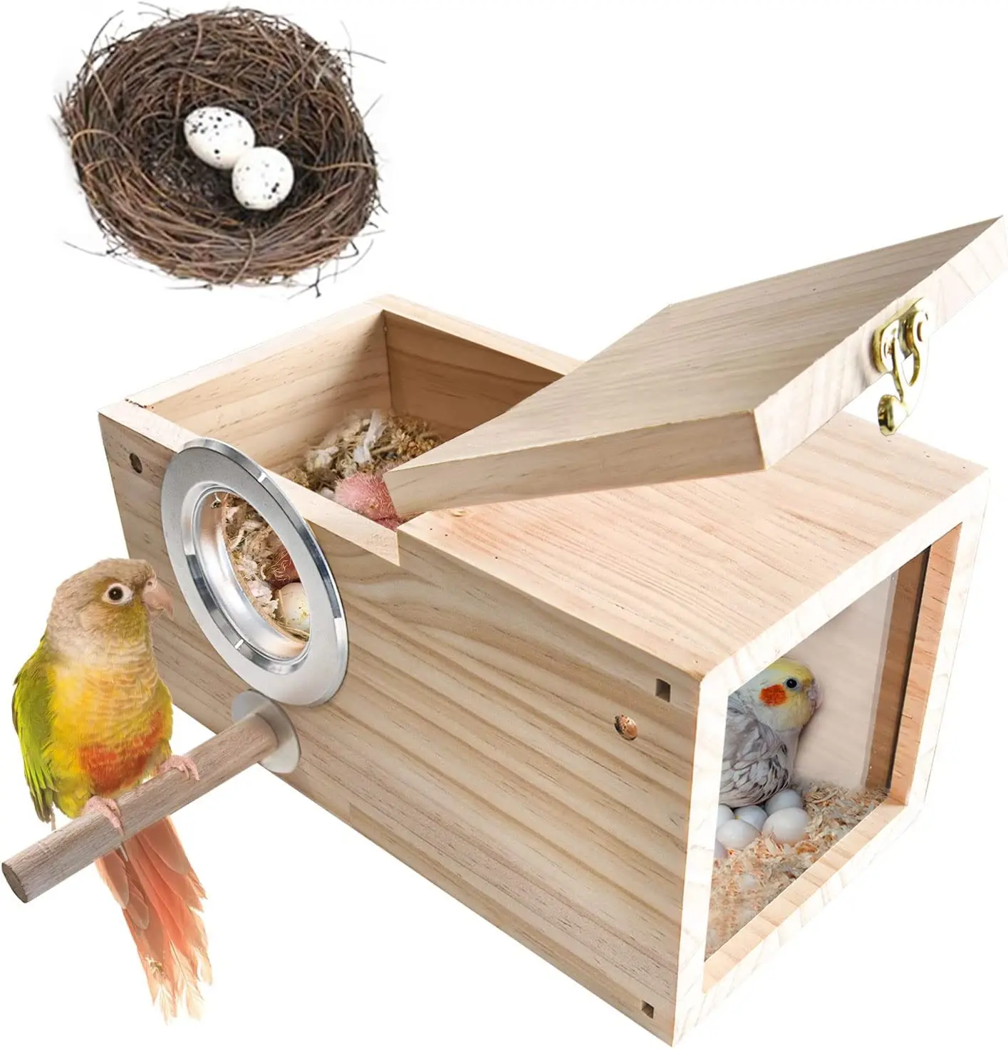 Bird Nesting Box Parakeet Bird Breeding Nest Boxes Wooden Acrylic Transparent Bird Cage House with Cuttlebone for Small Parrot