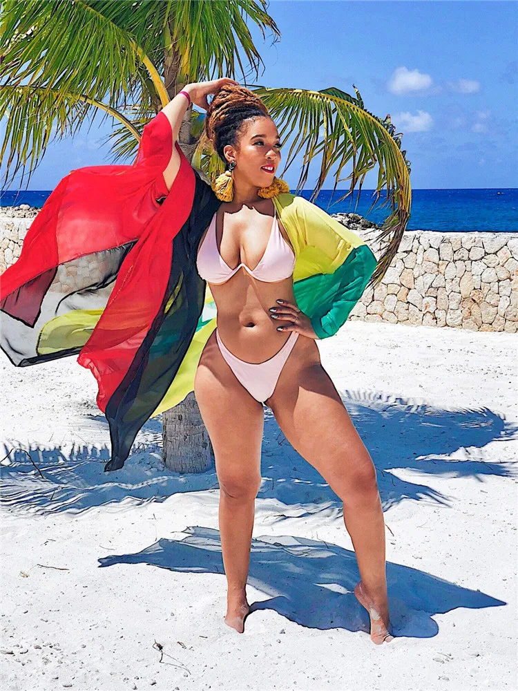 WoYing Boho 4 colors splice Bikini Cover Up 2020 Women Casual Long Dress Beach Bathing Suits